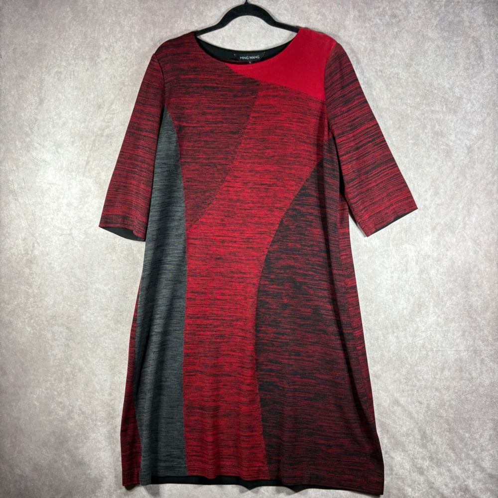Ming Wang Knit Dress Womens Size Large Red Gray Colorblock Sheath 3/4 Sleeve Mod